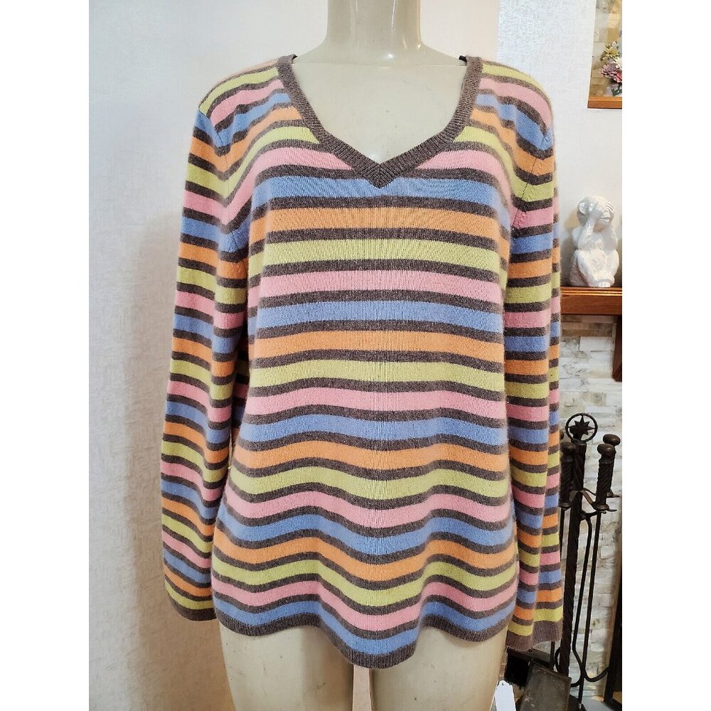 TALBOTS 100% CASHMERE MULTICOLOR STRIP PULLOVER V-NECK SWEATER - SIZE ХL #226